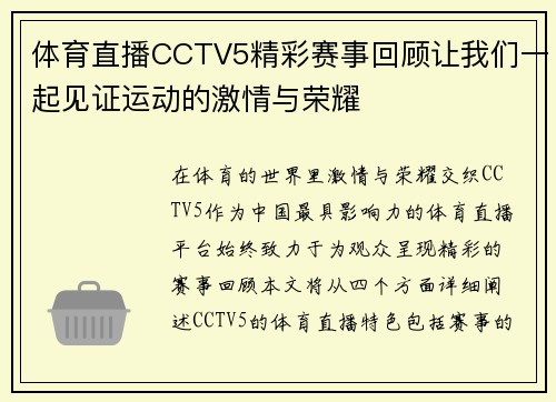 体育直播CCTV5精彩赛事回顾让我们一起见证运动的激情与荣耀